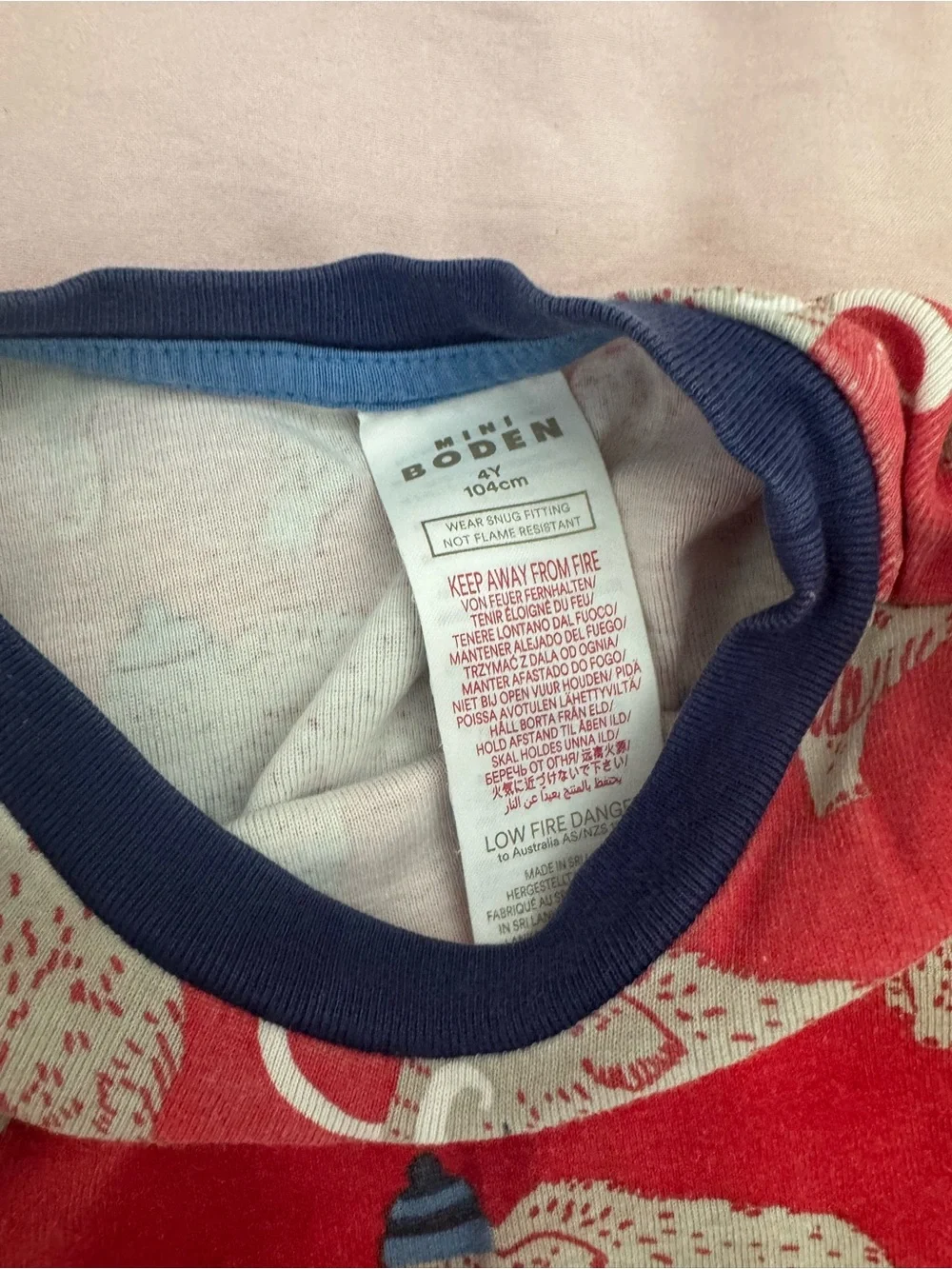 Mini Boden Red Mammoth Print Pajama Top with Navy Trim